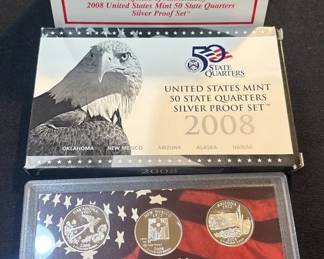 2008 U.S. Mint 50 State Quarters Silver Proof Set  Complete w OGP  COA  Final Year  90 Silver