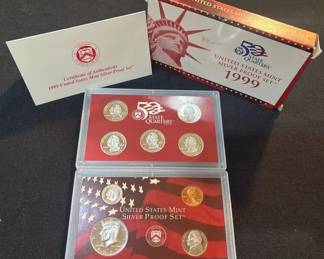 1999 United States Mint Silver Proof Set OGP  COA  First State Quarters  9 Coin Set