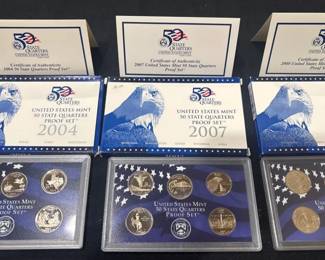 Lot of 3 U.S. Mint 50 State Quarters Proof Sets  2004, 2007  2008 w OGP  COAs