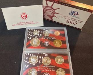 2002 United States Mint Silver Proof Set OGP  COA  Complete 10 Coin Set  90 Silver State Quarter