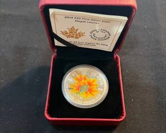 2014 Royal Canadian Mint $20 Maple Leaves Colorized 1 oz .9999 Fine Silver Proof Coin OGP  COA