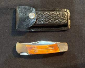 Vintage TwoBlade Folding Pocket Knife with Leather Belt Sheath  Jigged Handle