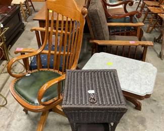 Antique wicker sewing stand; Oak swivel office chair; Marble top coffee table