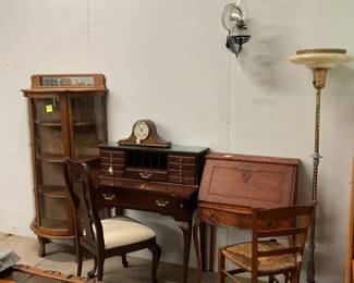 China Cabinet, oak smaller; Lovely writing desk/chair; Dropfront desk