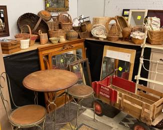 Ice Cream table/2chairs; Rapid Delivery Wagon, great cond; Nice baskets; Mirrors & pictures