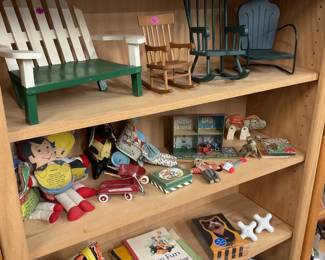 Doll size bench, chair, rockers; cloth story dolls; other toys