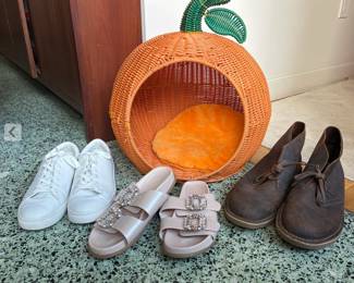 Barely worn shoes and tangerine pet house used for toy storage (it's clean)