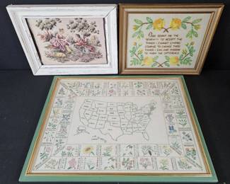 Vintage Framed Embroidery  Needlepoint Textile Wall Art