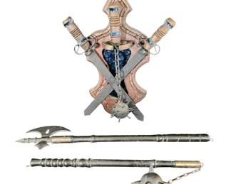 Vintage Spanish  Mexican Medieval Decorative Weapon Set  Wall Plaque, Halberd,  Flails