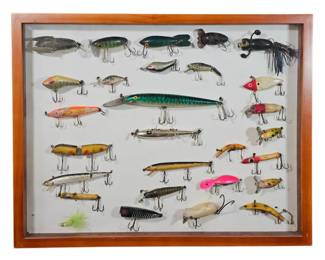 Vintage Fishing Lure Collection in GlassFront Wooden Shadowbox