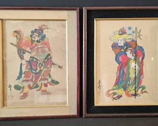 Signed Chinese Door God Menshen Paintings  Gongbi Folk Art