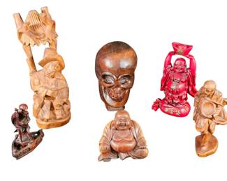 Wood Folk Art Lot  Skull, Musician  Asian Sculptures