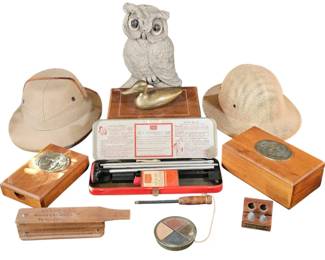 Vintage Hunting  Sporting Lot Lynch 102 Turkey Call, Brass Duck Box  More