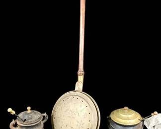 Antique Hearth Collection Cast Iron Cape Cod Fire Lighter  Floral Brass Bed Warmer