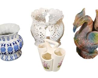Eclectic MultiStyle Decorative Planters White Cast Lattice, Blue  White Chinoiserie  More