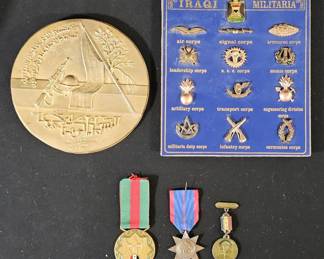 Vintage Iraqi Militaria Lot  Gulf War  Baath Era Insignia Board, Brass Medallion  Medals