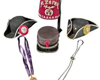 Vintage Fraternal Regalia Lot Alzafar Shriners Fez, Tricorn Hats  Masonic Collectables