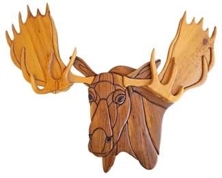 Handcrafted Intarsia Wood Moose Head Wall Hanging Sculpture