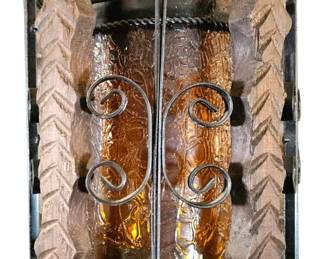 MCM Spanish Revival Amber Crackle Glass  Wrought Iron Swag Lantern