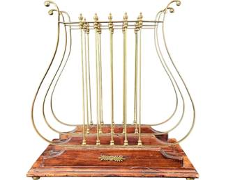 Italian Neoclassical Brass  Mahogany Lyre Harp Magazine Rack