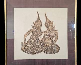 Original Balinese Green Ink Wash Painting  MidCentury Thai Temple Rubbing