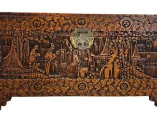 Exquisite HandCarved Chinese Export Cedar Chest w Figural Scenes Nice