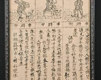 Antique Style Chinese Almanac HandInked Book of Fate Woodblock Textile Print Framed