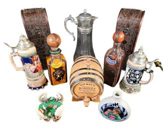 Musical German Beer Steins, Leather Decanters, TX Whiskey Barrel  Egyptian Wine Boxes