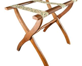 Vintage Scheibe Wood Folding Luggage Rack with Woven Floral Tapestry Straps