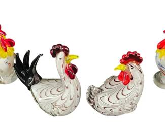 4 Stunning MuranoStyle HandBlown Art Glass Rooster Figurines