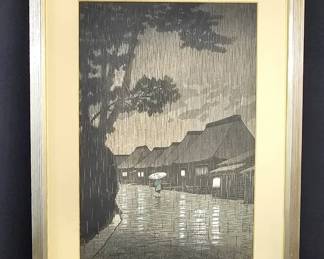 Kawase Hasui Rainy Night at Maekawa 1932 Vintage Japanese Woodblock Print