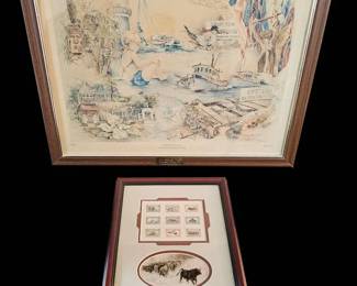 Framed Historical Duo Joanne Grace Mississippi Coast Art  USPS TransMississippi Stamp Display