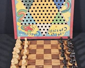 Vintage Wooden Chess Set  Hop Ching Checkers Board