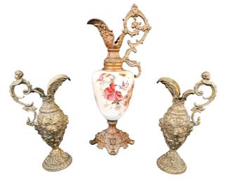 Antique Victorian Spelter  HandPainted Glass Mantel Ewer Garniture Set