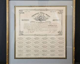 Framed 1861 $1000 Confederate States of America Bond No. 520  B. Duncan Printing with 30 Coupons