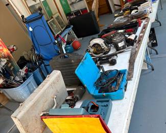 Assorted Tools, Rocking Chair, Massage Table, weights, wake boards, etc.