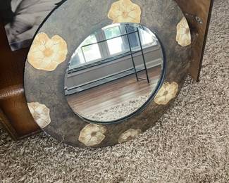 ROUND DECORATIVE MIRROR WITH FLORAL DESIGN $40