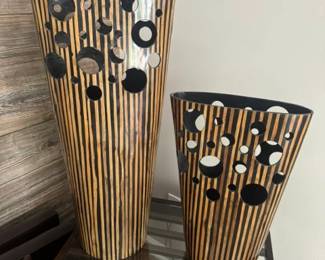 PAIR OF TALL BLACK AND WOOD VASES $40 A PAIR