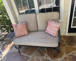 OUTDOOR METAL LOVESEAT WITH CUSHIONS AND PILLOWS $75