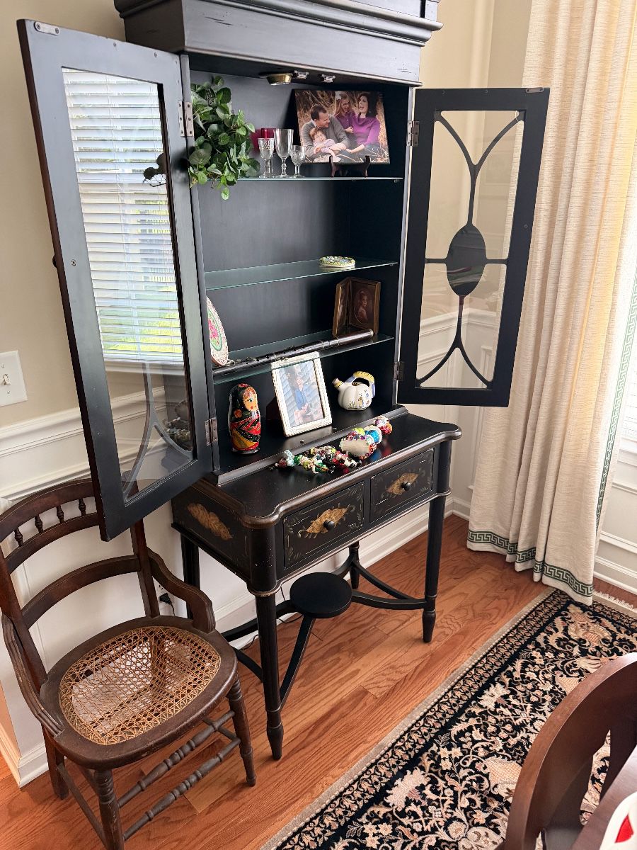 Hand Painted Black 2-PIECE Secretary with 2 Drawers, L-32" x H-86" x W-18"