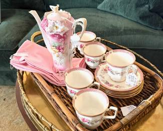 c.1895-1914, R.S. PRUSSIA Teapot and QUEEN Rosina Teacups with Saucers