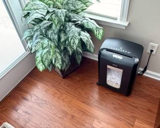 Silk Greenery with Square Basketweave Wooden Planter and a Paper Shredder