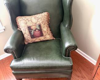 Genuine Dark Green LEATHER Wing Back Chair with FOOTSTOOL