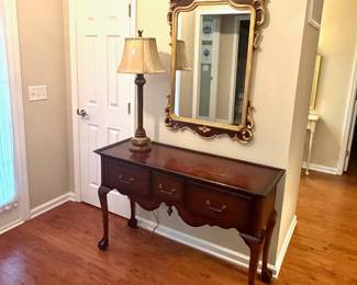 Lg Mahogany 3-Drawer Foyer Table (L-48" x W 17" x H-32") and a Large LaBarge ITALIAN Carved and Gilt Mirror