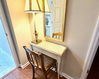 SMALL Crackled-Top Beige Rectangle Table (L-29" x W-11" H-29") and a Gold Wooden Mirror (32"x17")