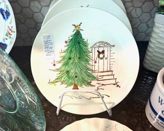 c.1930-1957, Hand Painted, 4 BLUE RIDGE Christmas Plates by SOUTHERN POTTERIES, Erwin, TN
