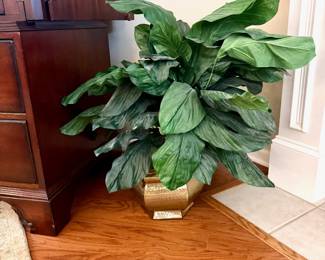 Another Vintage 6-Sided, Silk Greenery, Hammered Brass Planter