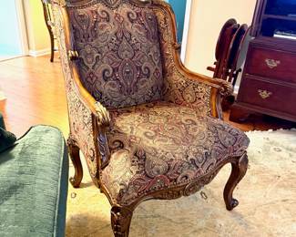 PAIR (Set of 2) SHERRILL FURN CO Tapestry and Brass Studded, ORNATELY CARVED, Louis XVI style, Royal Arm Chair with Large Seats 21"x27", Height 41"