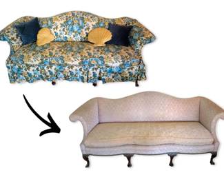 Vintage ChippendaleStyle Camelback Sofa w Claw Feet  Floral Slipcover