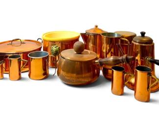 Vintage Copper Cookware Including Pot, Kettles, Mugs,  More
